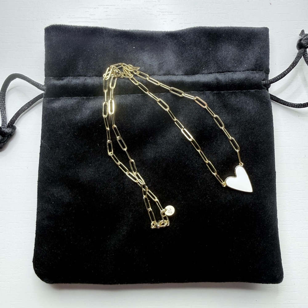 Gold Heart Pendant Necklace White Enamel 14k Sterling Silver Paper Clip Chain